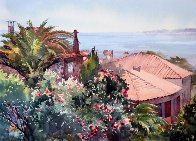 Watercolor painting of ocean village